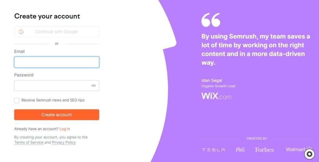 Semrush lifetime deal - create an account