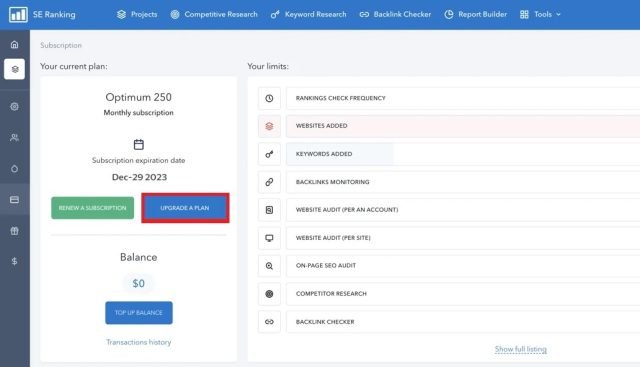 SE Ranking Subscription Upgrade