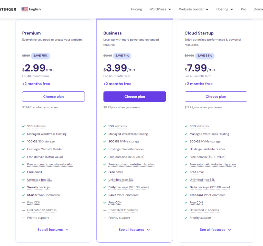 Hostinger pricing plans