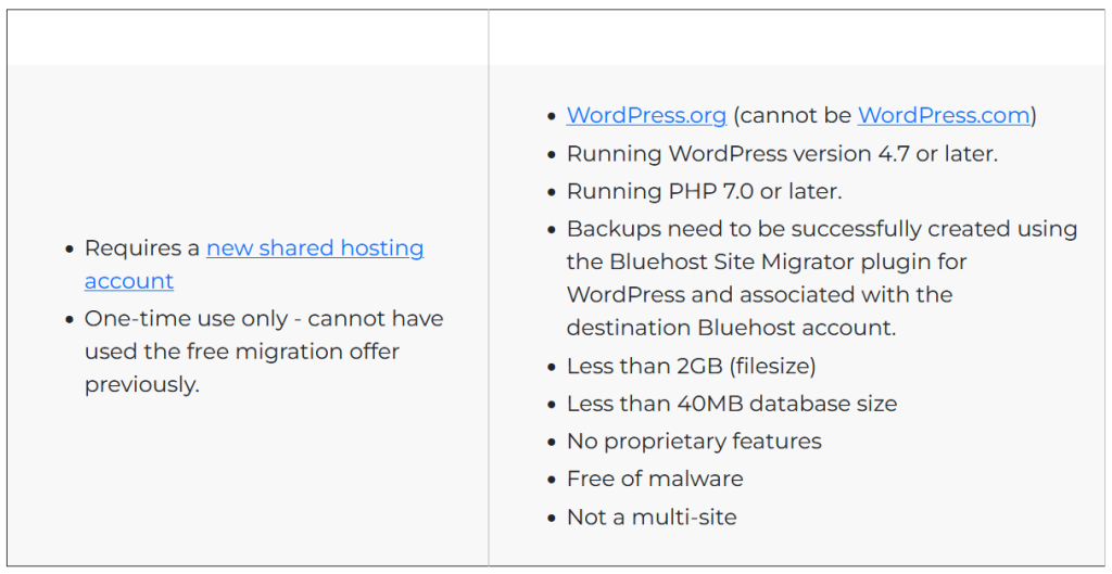 Bluehost's free website migration eligibility