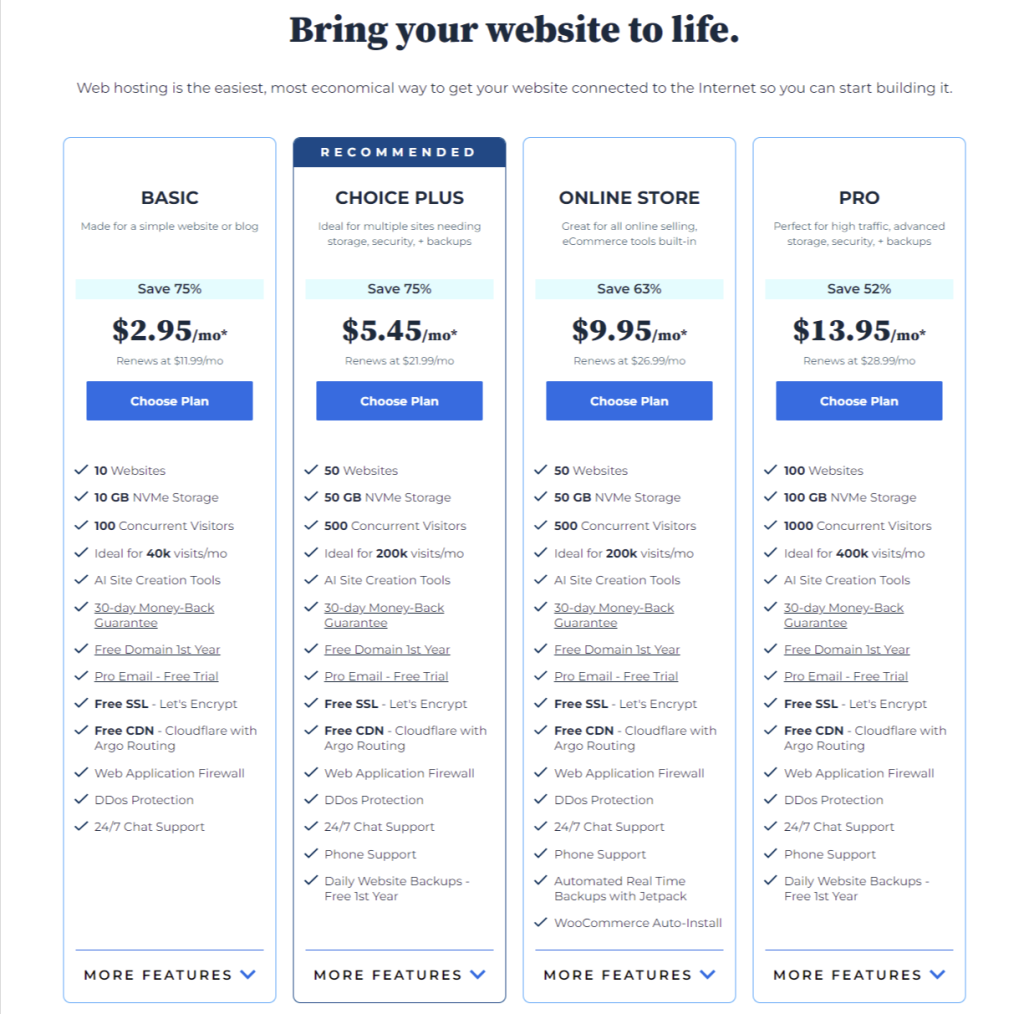 Bluehost new pricing plans