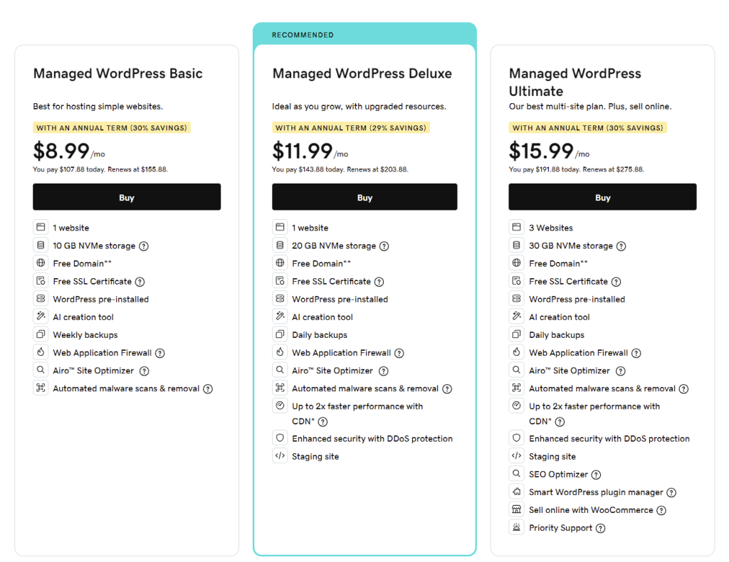 GoDaddy Managed WordPress hosting plans