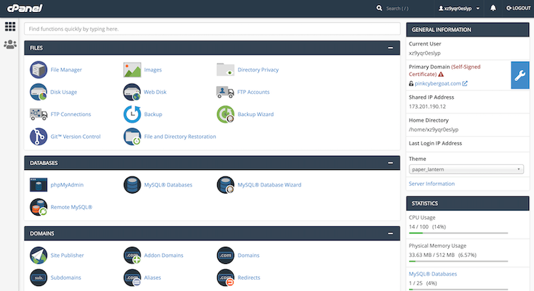 GoDaddy cPanel dashboard.