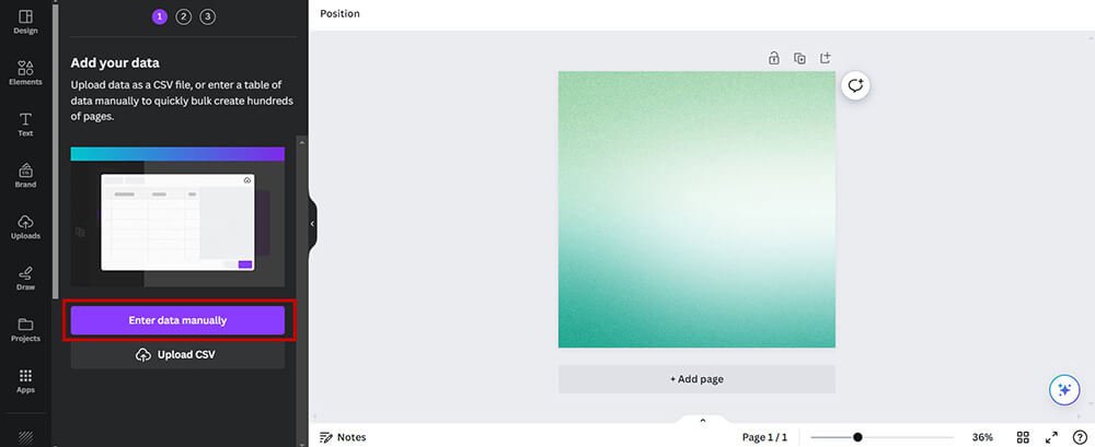 How to add page numbers in Canva with Bulk Create Enter data manually