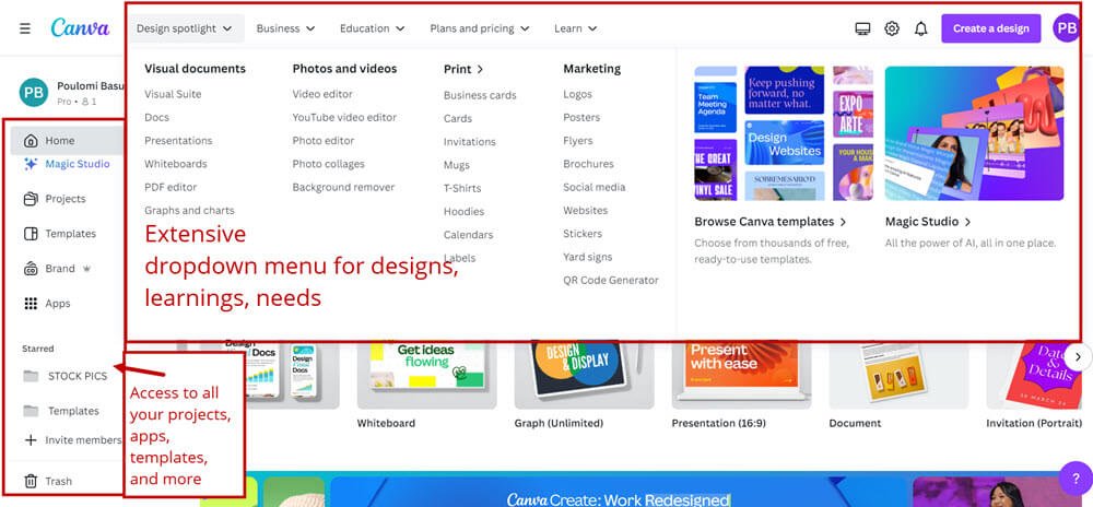 Canva dashboard and interface