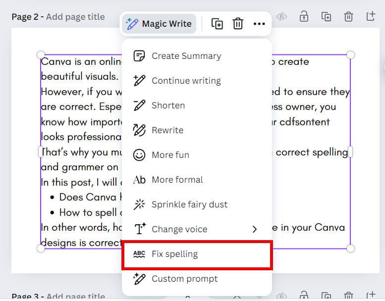 Click on Fix Spelling in the Magic Write options