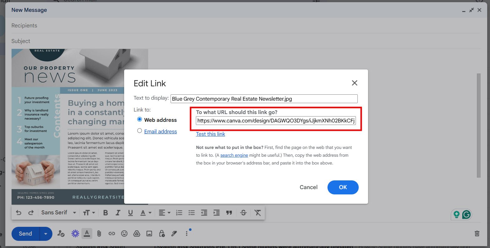 Add the Canva publc link in your newsletter thumbnail in the email