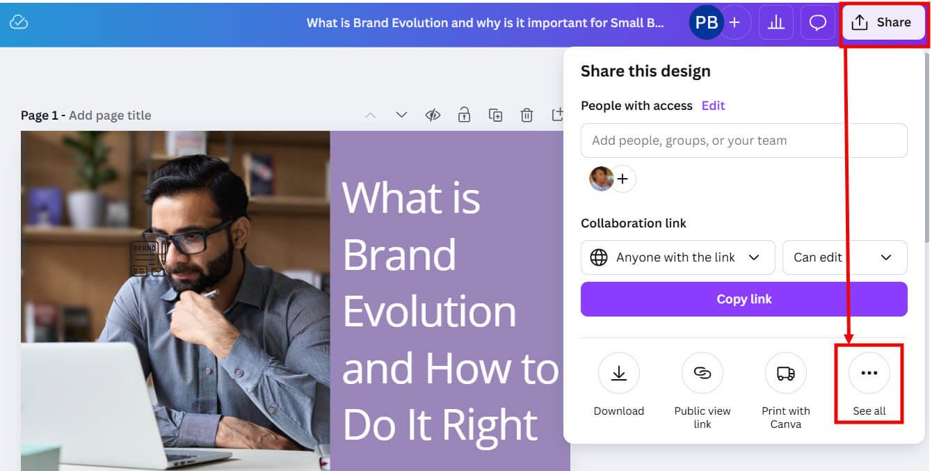 Open your Canva presentation click on Share and then on See All to access Google Drive