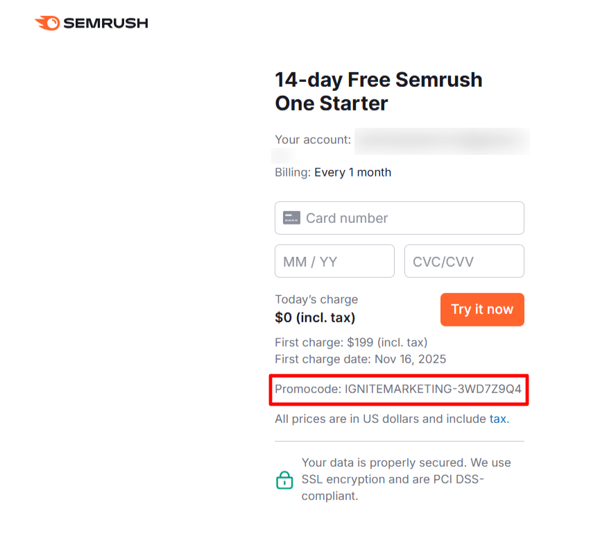 Semrush One Starter free trial checkout page Semrush One Starter free trial checkout page.