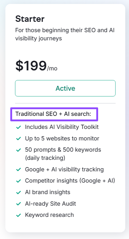 Semrush One Starter is traditional SEO plus AI search visibility Semrush One Starter is traditional SEO plus AI search visibility