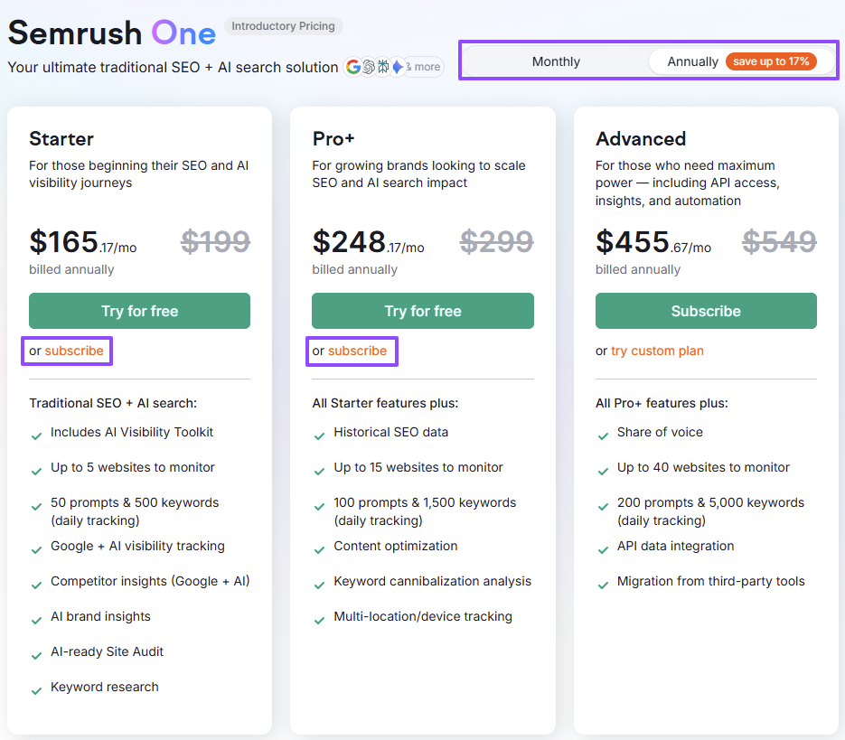 Semrush One lifetime yearly discount deal - subscribe