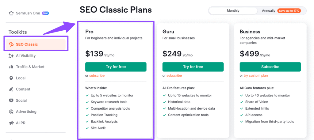 Semrush Pro is the entry level premium plan for Semrush Classic Semrush Pro is the entry-level premium plan for Semrush Classic